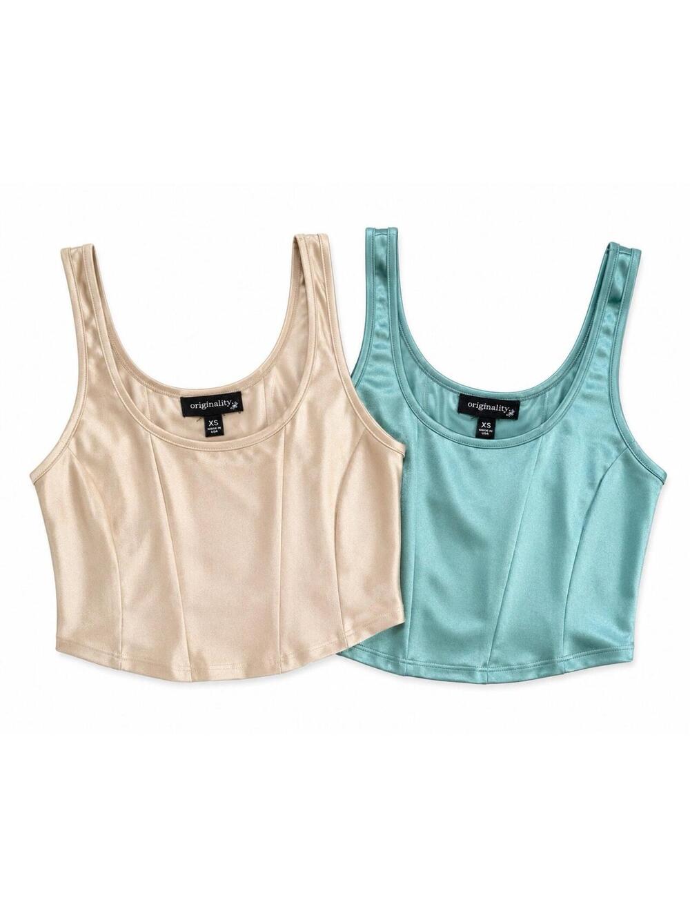 Originality Lot Of 2 Y2K Shiny Stretch Crop Tanks XS Champagne & Aqua Made USA